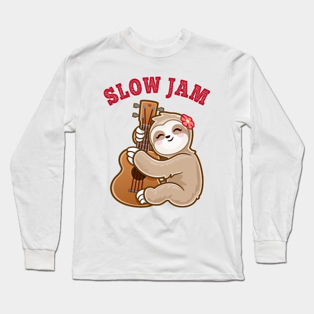 sloth Jams Funny Adorable Cute kawaii Guitar Player Long Sleeve T-Shirt by PnJ